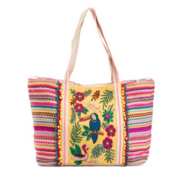 NWT America and Beyond Flamingo Bird Toucan Beaded Pom Embroidered Beach Tote - Picture 1 of 9